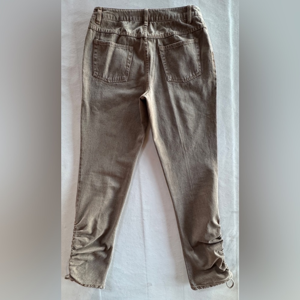 Newport News Taupe Brown Ruched Tapered Leg Denim Jeans (10) - Picture 4 of 16